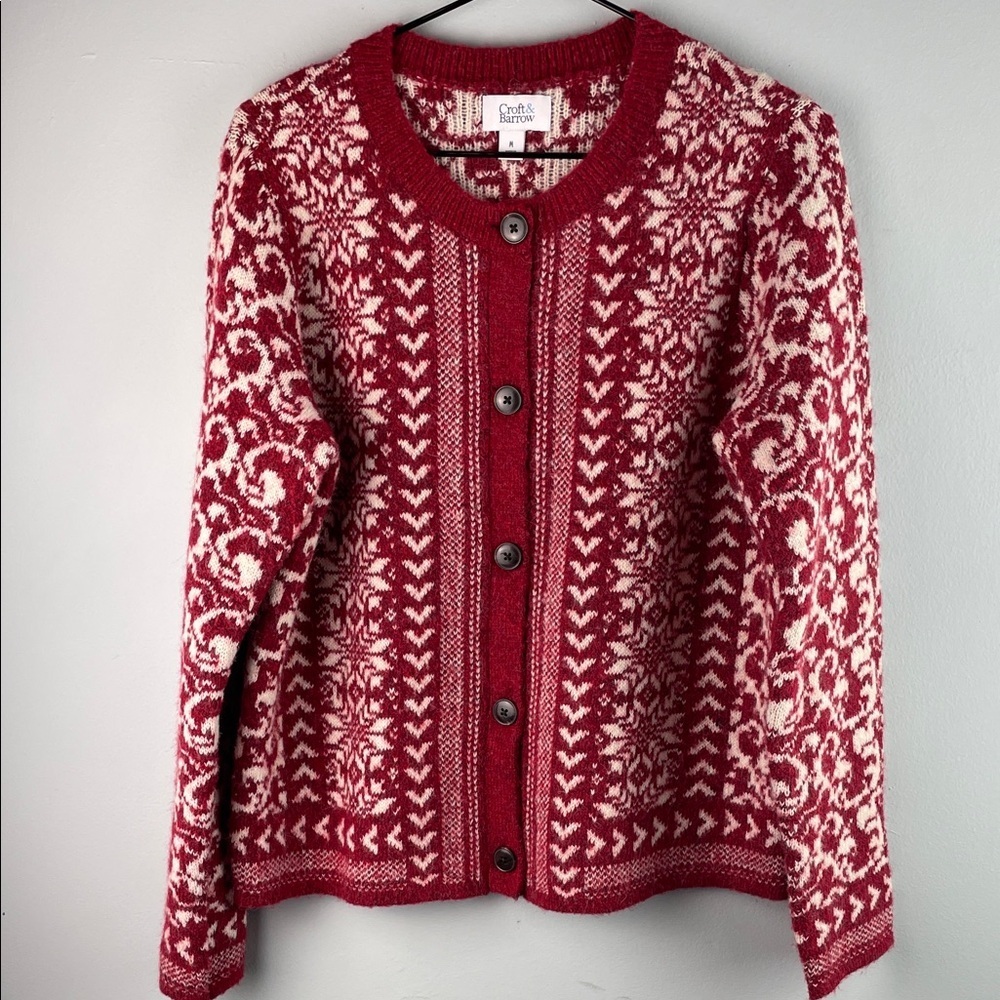 croft & barrow Red and Cream Nordic Button-Front Cardigan Size M